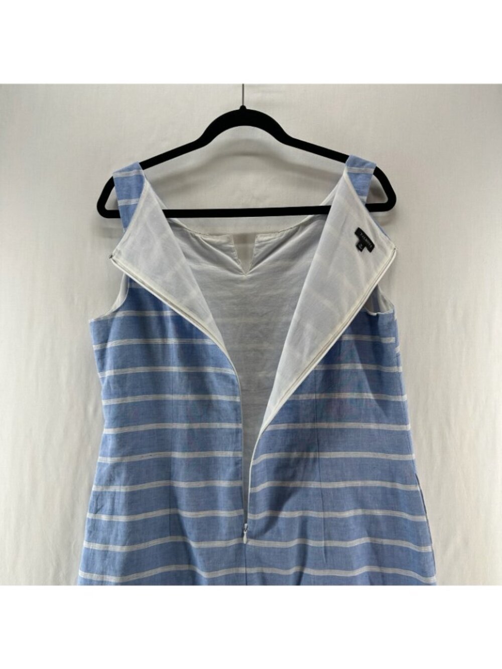 Talbots Linen Cotton Shift Dress 12 Crochet Lace Trim Pockets Striped Blue White - Picture 6 of 14